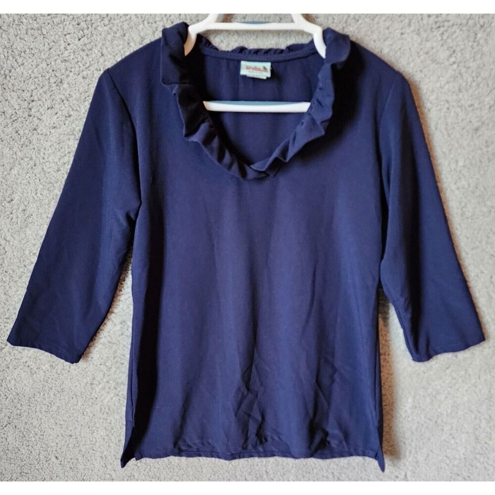 Haley And The Hound Women's 3/4 Sleeve Ruffle Neck Tunic Top Blouse Blue Size XS